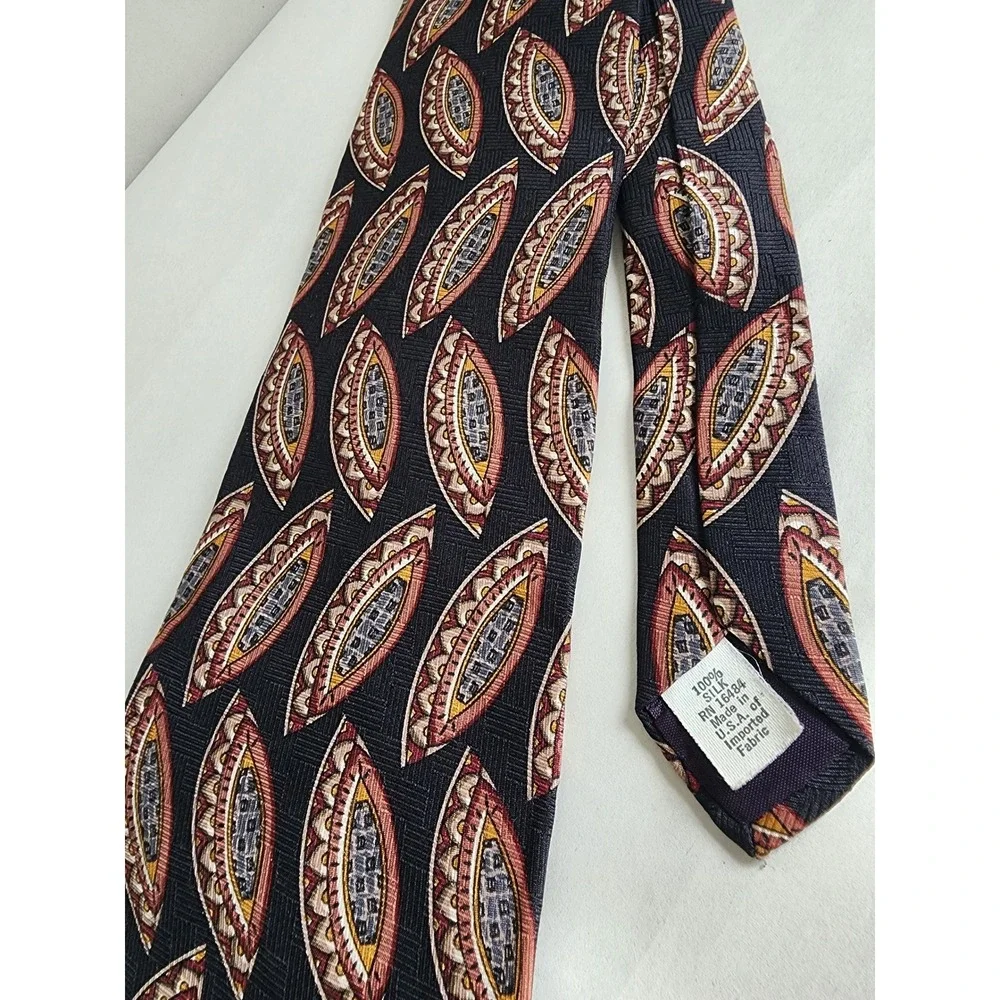Fraser Thomson Mens Silk Necktie Black Burgundy Gold Geometric Pattern USA Made